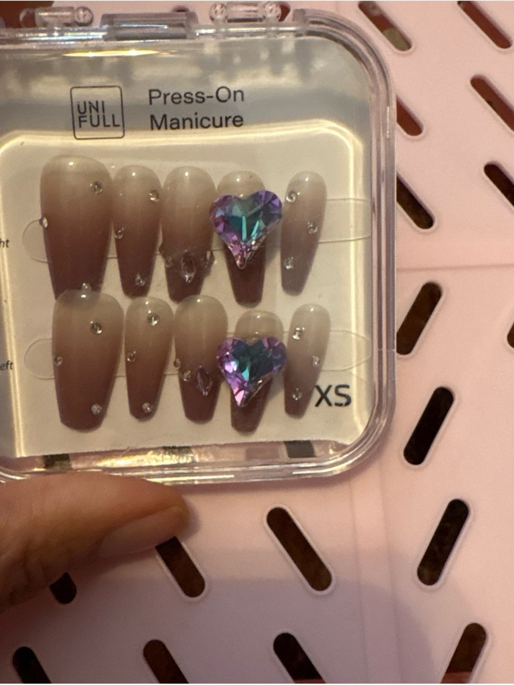 UNIF Ombre Nude Press-On Nails with Iridescent Purple Heart Gems